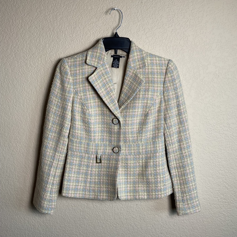 Sandra Womens 2P Pastel Colored Tweed Button Up Blazer‎ Jacket Chic Office Wear